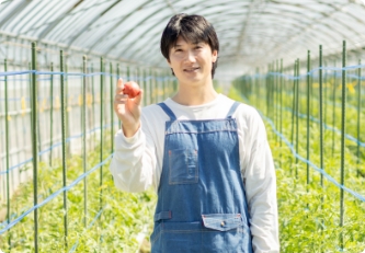 ハウスでトマトを手にする様子